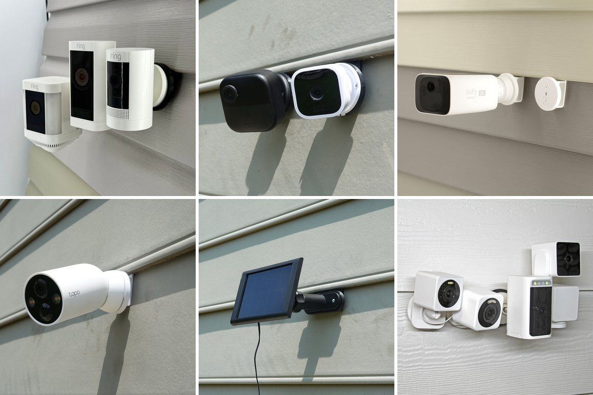 Alexactly siding clips holding Ring, Blink, eufy, Tapo and Wyze cameras and a Ring solar panel on vinyl siding