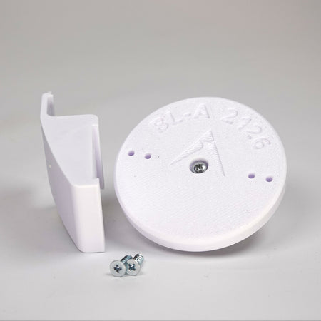 3D-printed Dutch lap siding clip and circular mounting base for a Blink camera, include screws.