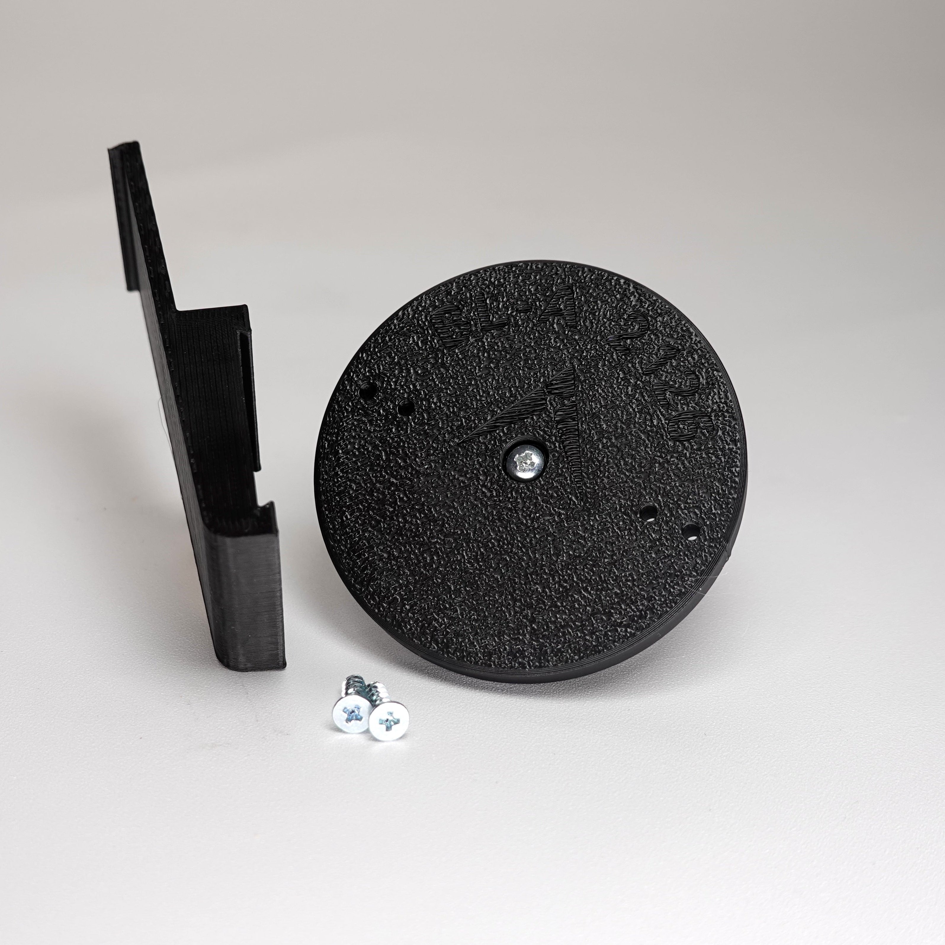 3D-printed plank siding clip and circular mounting base for a Blink camera, include screws.