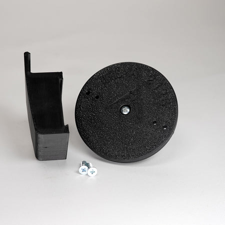 3D-printed traditional vinyl siding clip and circular mounting base for a Blink camera, include screws.