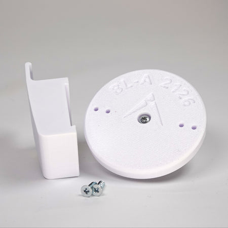3D-printed traditional vinyl siding clip and circular mounting base for a Blink camera, include screws.