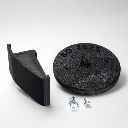 3D-printed Dutch lap siding clip and circular mounting base for a Blink camera, include screws.