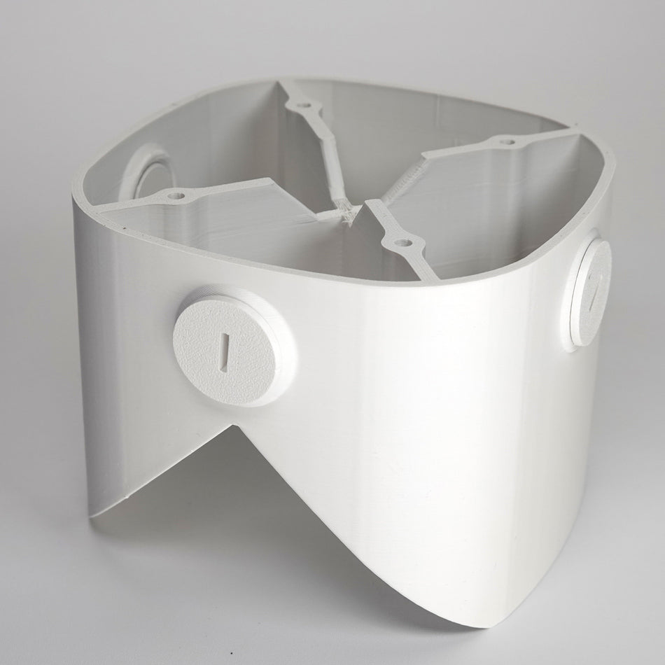 White 3D-printed outside corner mount for eufy floodlight cameras.