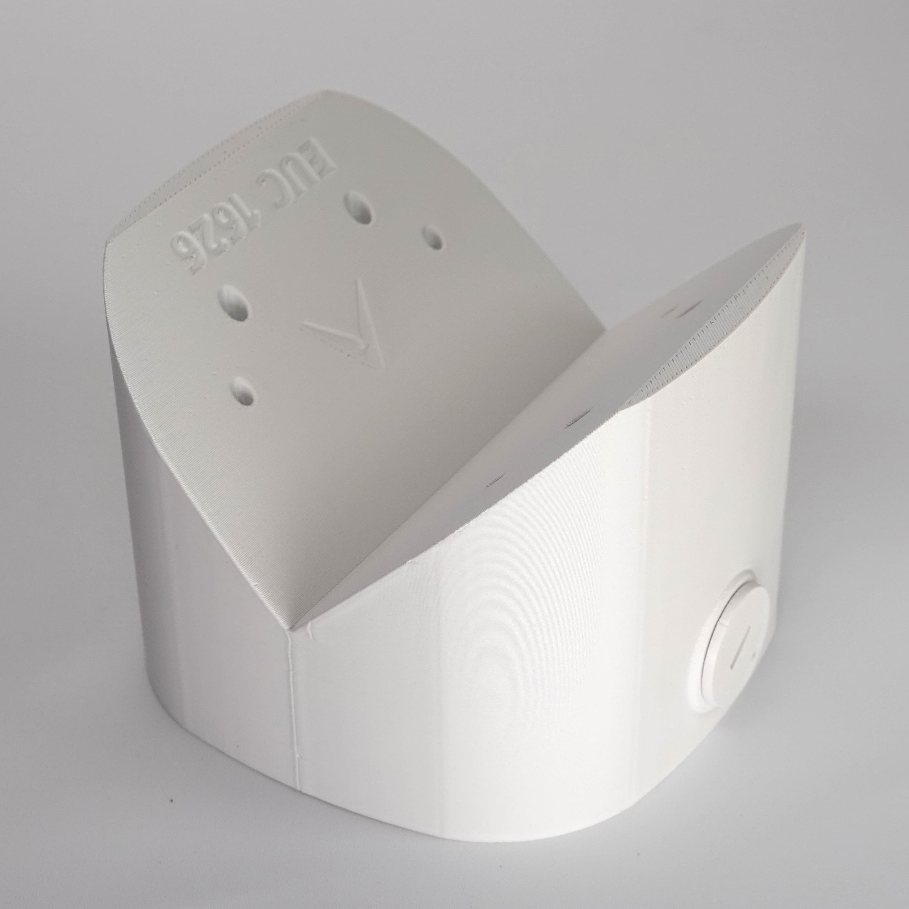 White 3D-printed outside corner mount for eufy floodlight cameras.