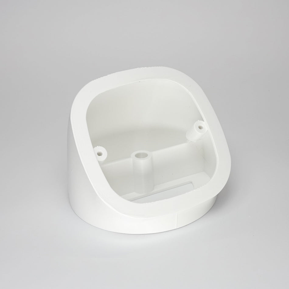 A 3D-printed angled soffit wedge mount for a Eufy floodlight camera in white.