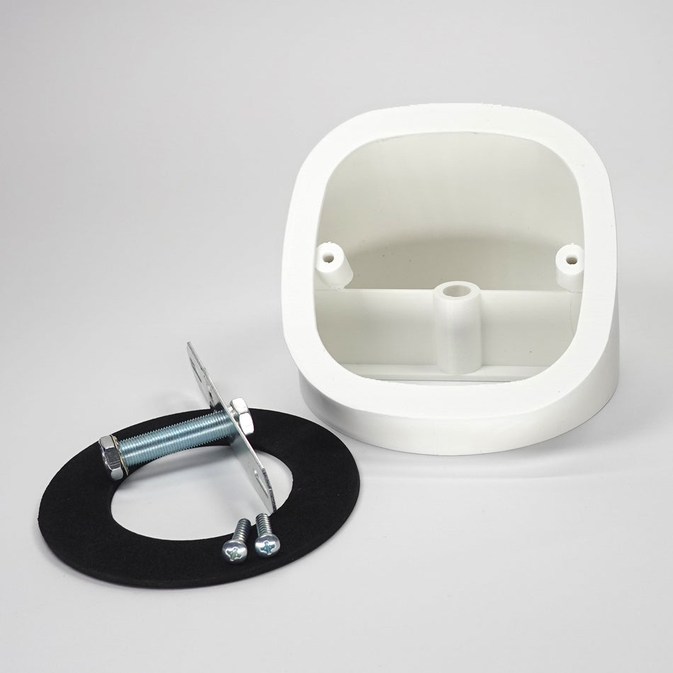 Angled soffit wedge mount for a Eufy floodlight camera in white, included black weatherproof gasket, metal crossbar hardware, and screws.