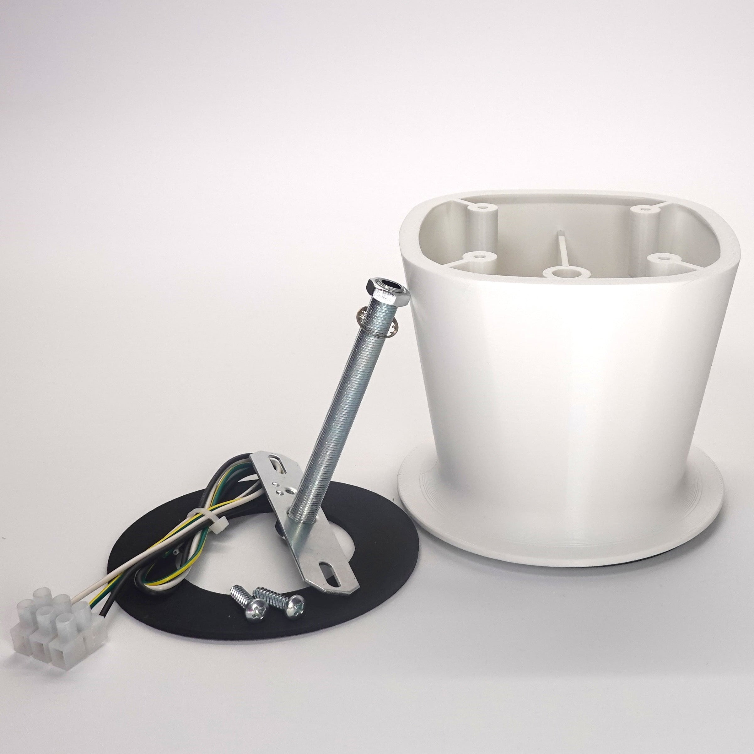 3D-printed soffit drop extension for eufy floodlight cameras, include screws, round weatherproof gasket, wires and crossbar installation hardware.