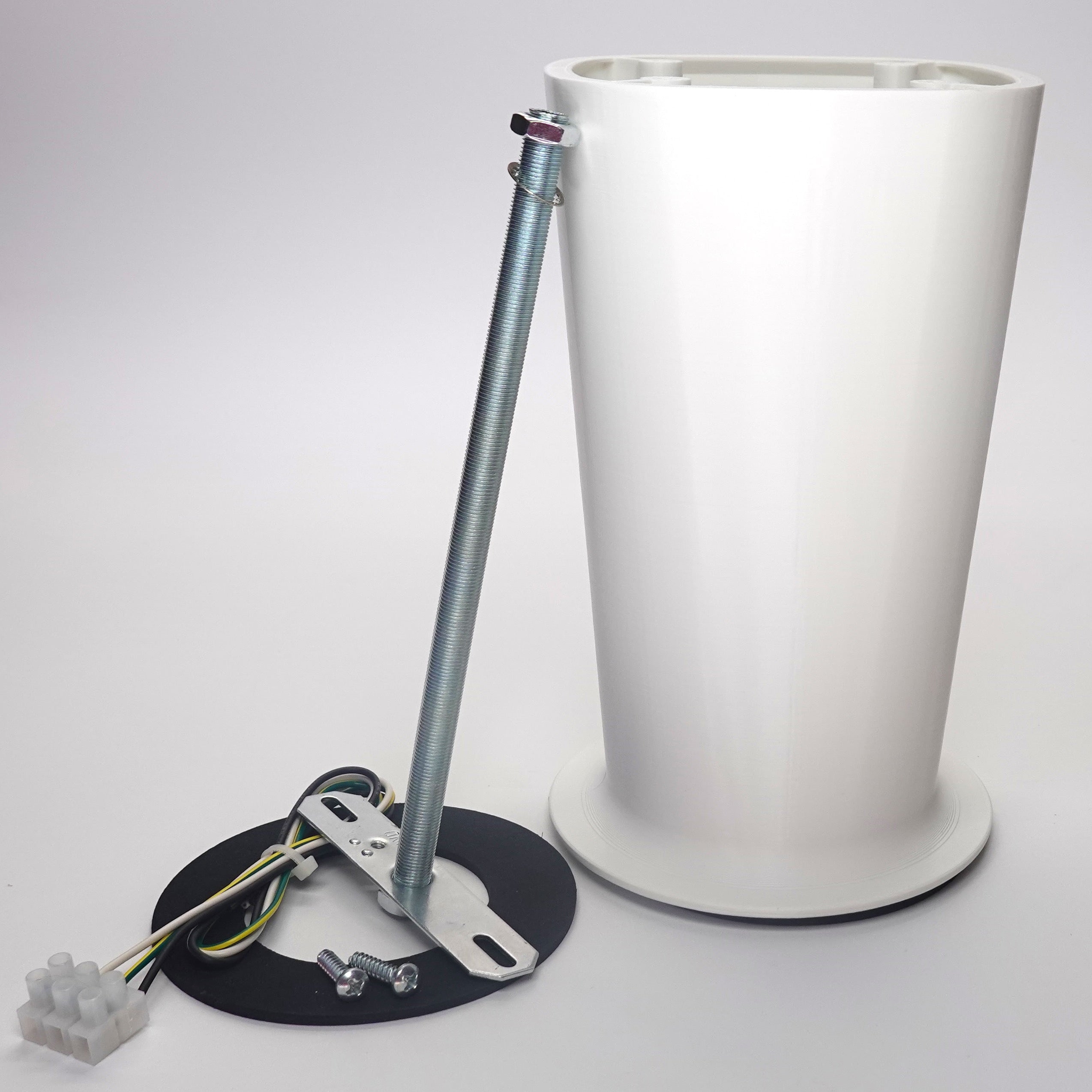 3D-printed soffit drop extension for eufy floodlight cameras, include screws, round weatherproof gasket, wires and crossbar installation hardware.
