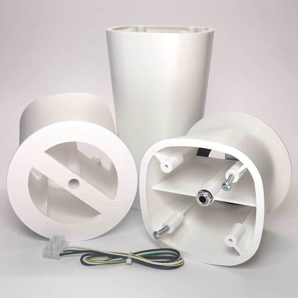 3D-printed soffit drop extensions for eufy floodlight cameras in varying lengths (100mm, 150mm, and 200mm).