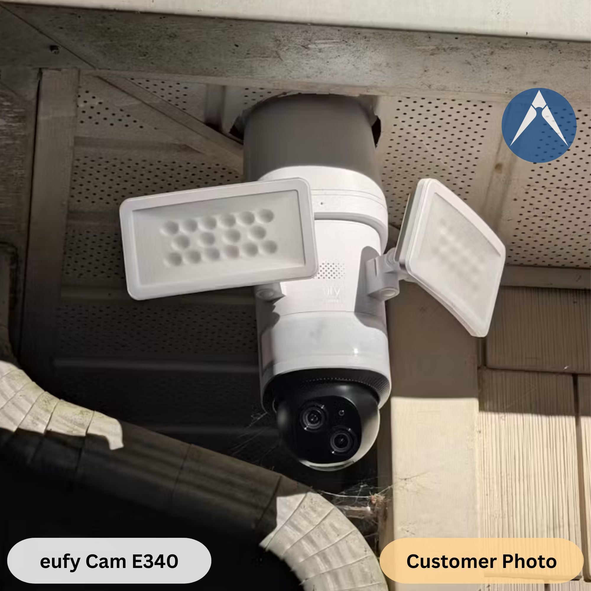 eufy Floodlight Cam E340 installed on a soffit using a custom 3D-printed vertical drop extension mount.