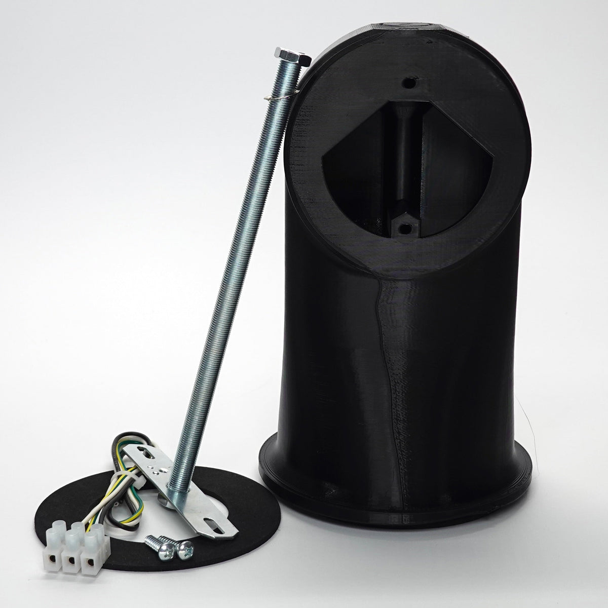 Black eve Outdoor Cam Single Soffit Mount, include screws, round weatherproof gasket, wires and crossbar installation hardware.