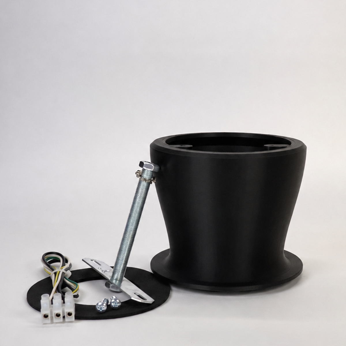 Black 100mm 3D-printed Soffit Drop Extension kit for floodlight cameras, featuring a ribbed mount, steel support rod, weatherproof gasket, and extension wiring hardware.