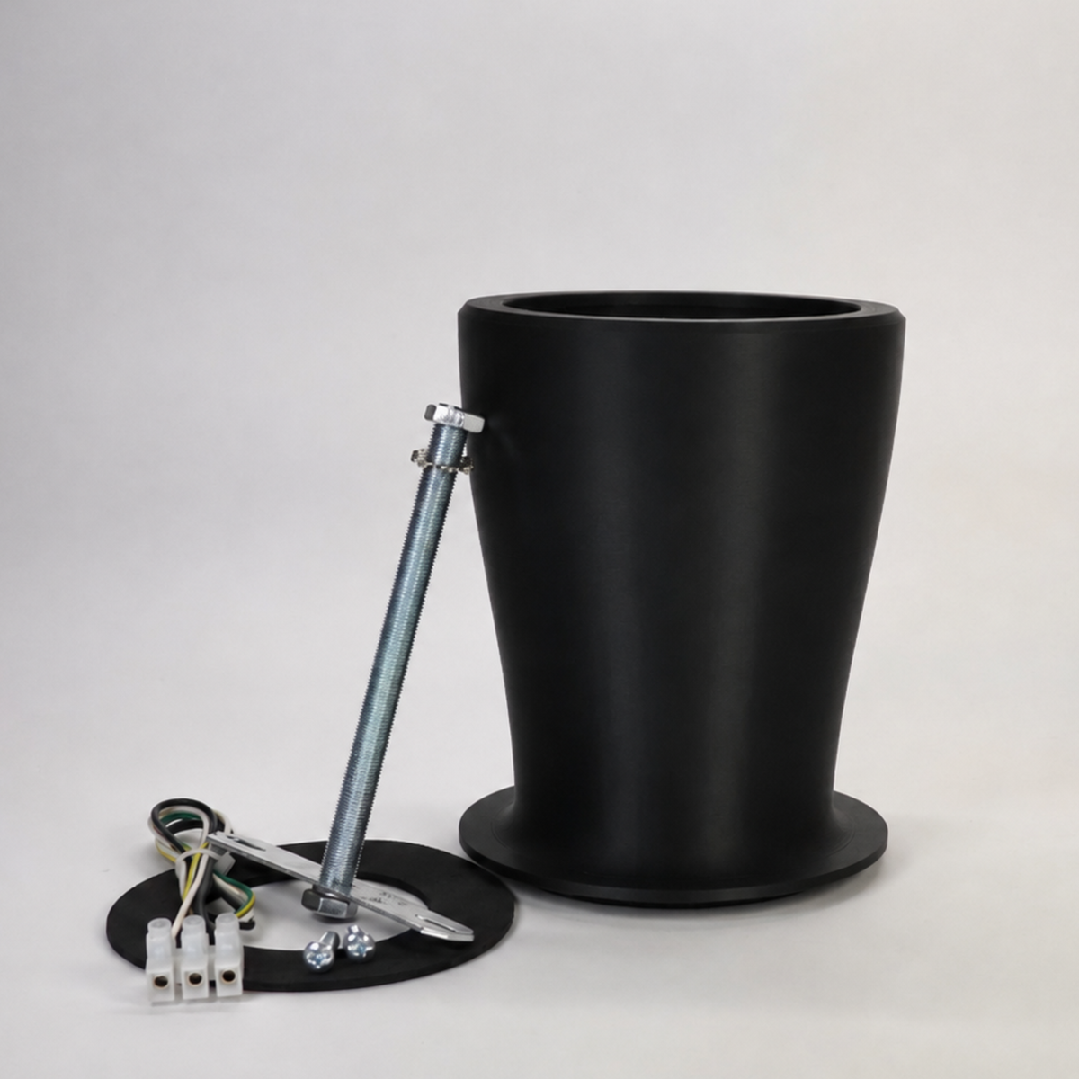 Black 150mm 3D-printed Soffit Drop Extension kit for floodlight cameras, featuring a ribbed cylindrical mount, steel support rod, weatherproof gasket, and extension wiring.