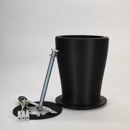 Black 150mm 3D-printed Soffit Drop Extension kit for floodlight cameras, featuring a ribbed cylindrical mount, steel support rod, weatherproof gasket, and extension wiring.