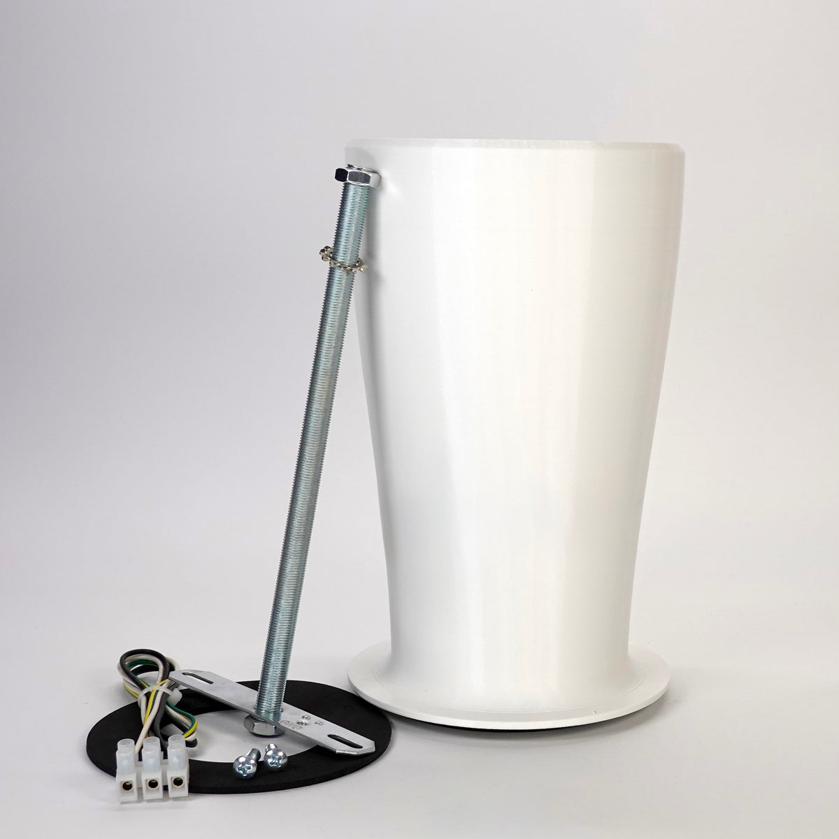 White 3D-printed 200mm soffit drop extension kit for floodlight cameras, including a steel support rod, weatherproof gasket, and wiring hardware.