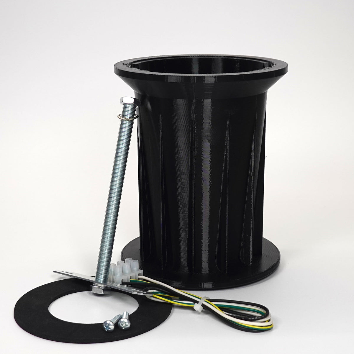 Black 150mm 3D-printed Soffit Drop Extension kit for floodlight cameras, featuring a ribbed cylindrical mount, steel support rod, weatherproof gasket, and extension wiring.