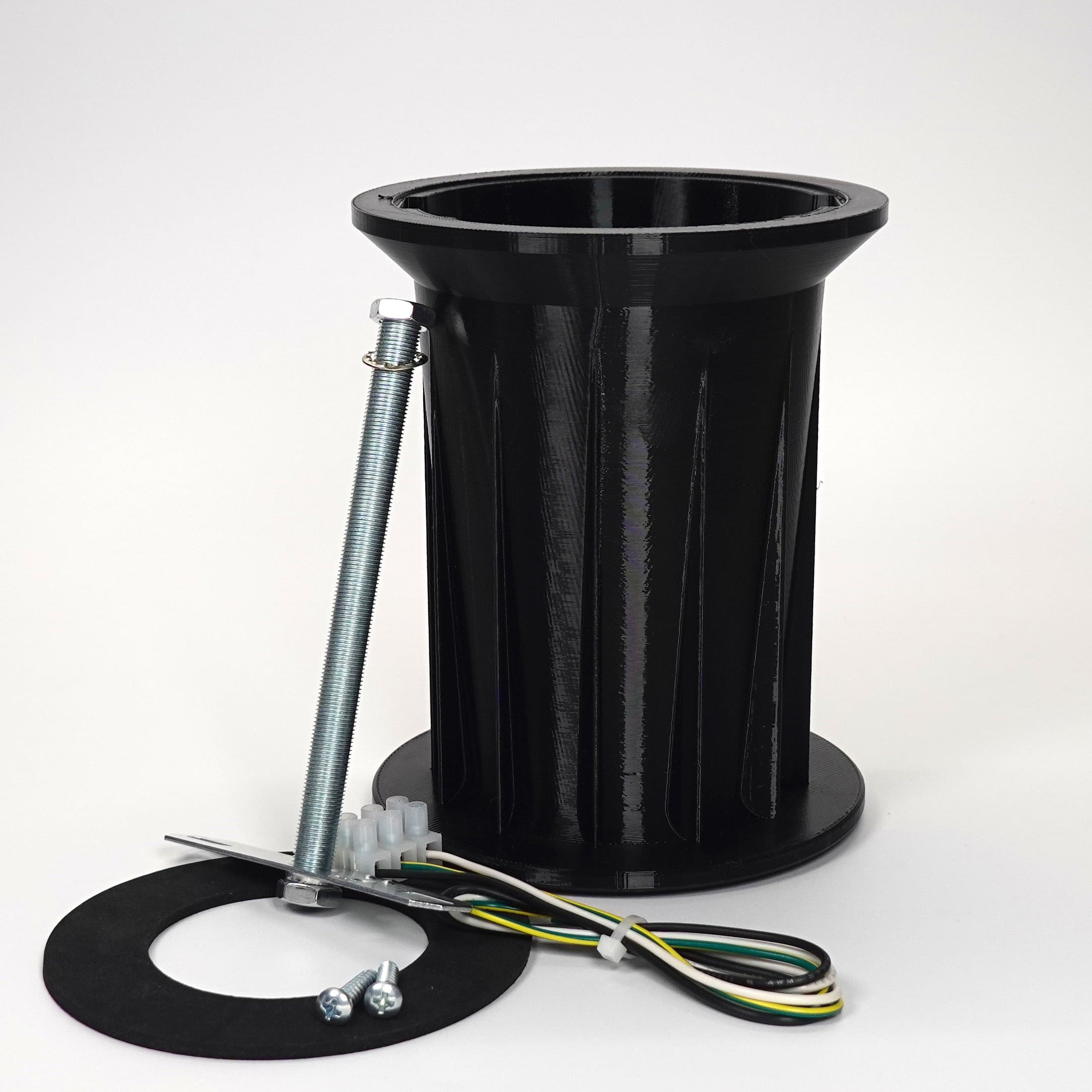 Black 150mm 3D-printed Soffit Drop Extension kit for floodlight cameras, featuring a ribbed cylindrical mount, steel support rod, weatherproof gasket, and extension wiring.