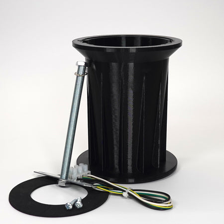 Black 150mm 3D-printed Soffit Drop Extension kit for floodlight cameras, featuring a ribbed cylindrical mount, steel support rod, weatherproof gasket, and extension wiring.