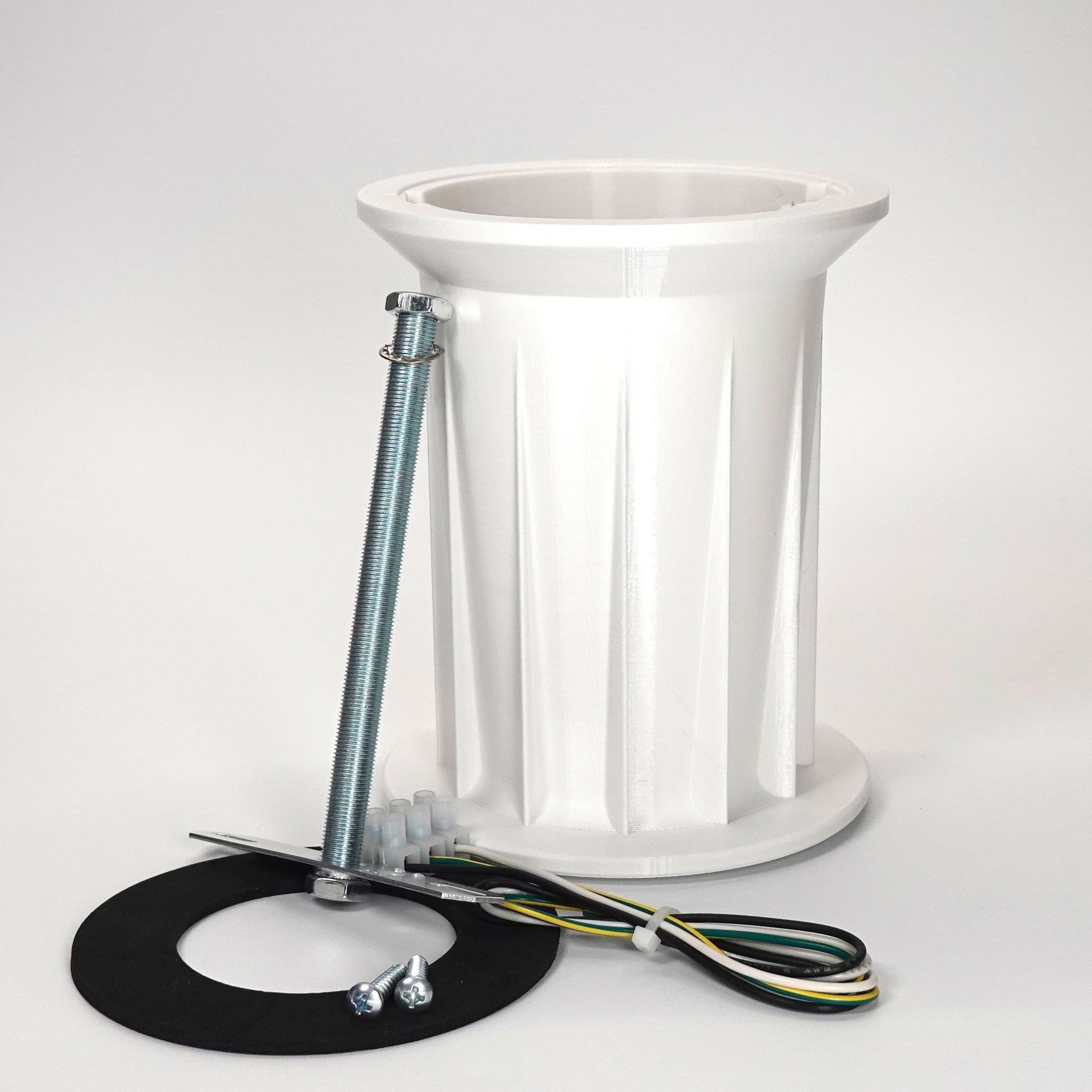 White 150mm 3D-printed Soffit Drop Extension kit for floodlight cameras, featuring a ribbed cylindrical mount, steel support rod, weatherproof gasket, and extension wiring.