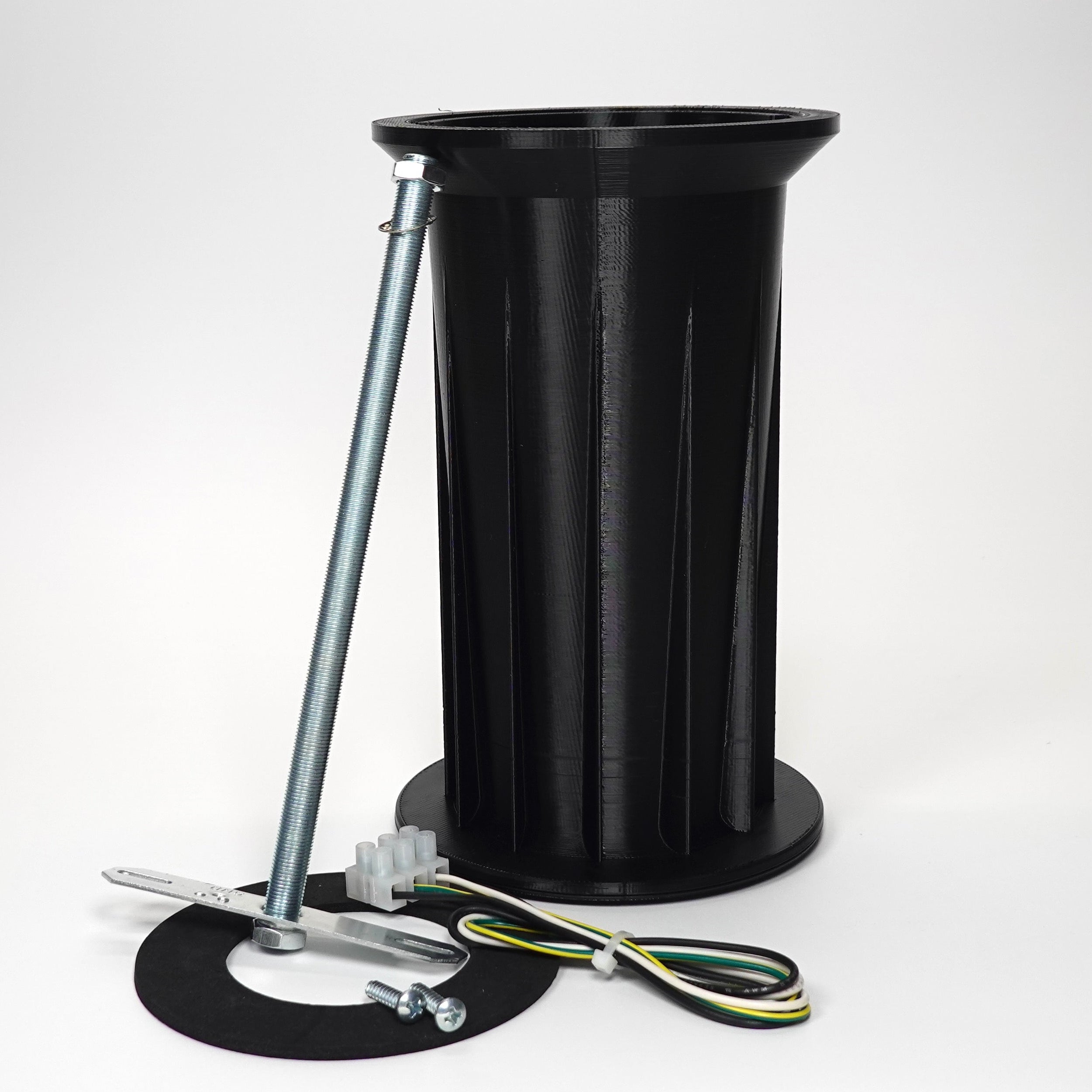 Black 3D-printed 200mm soffit drop extension kit for floodlight cameras, including a steel support rod, weatherproof gasket, and wiring hardware.