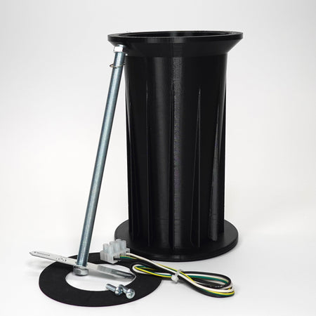 Black 3D-printed 200mm soffit drop extension kit for floodlight cameras, including a steel support rod, weatherproof gasket, and wiring hardware.