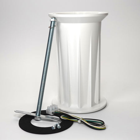 White 3D-printed 200mm soffit drop extension kit for floodlight cameras, including a steel support rod, weatherproof gasket, and wiring hardware.