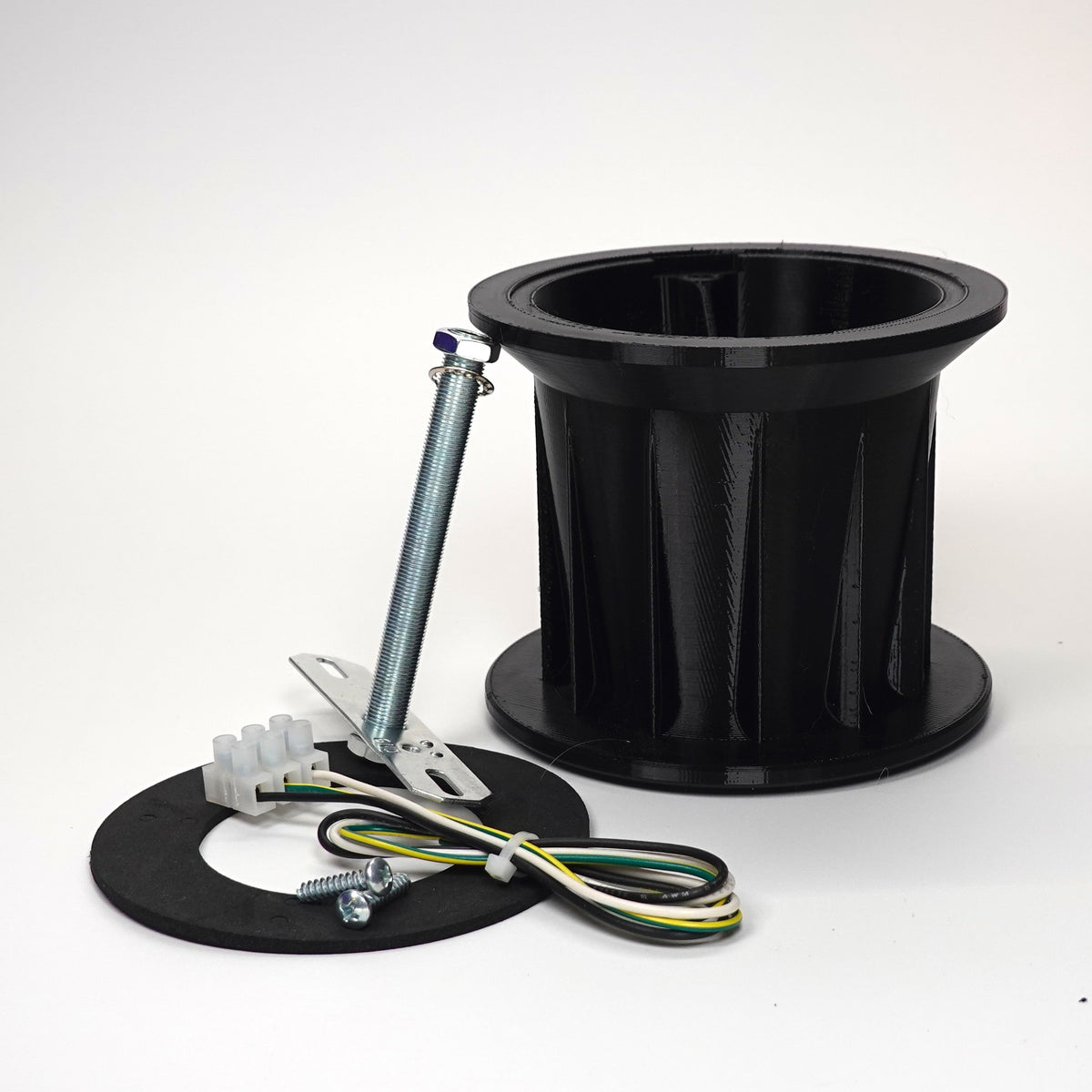 Black 100mm 3D-printed Soffit Drop Extension kit for floodlight cameras, featuring a ribbed mount, steel support rod, weatherproof gasket, and extension wiring hardware.