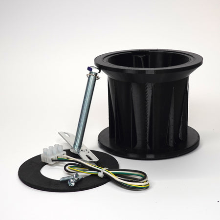 Black 100mm 3D-printed Soffit Drop Extension kit for floodlight cameras, featuring a ribbed mount, steel support rod, weatherproof gasket, and extension wiring hardware.