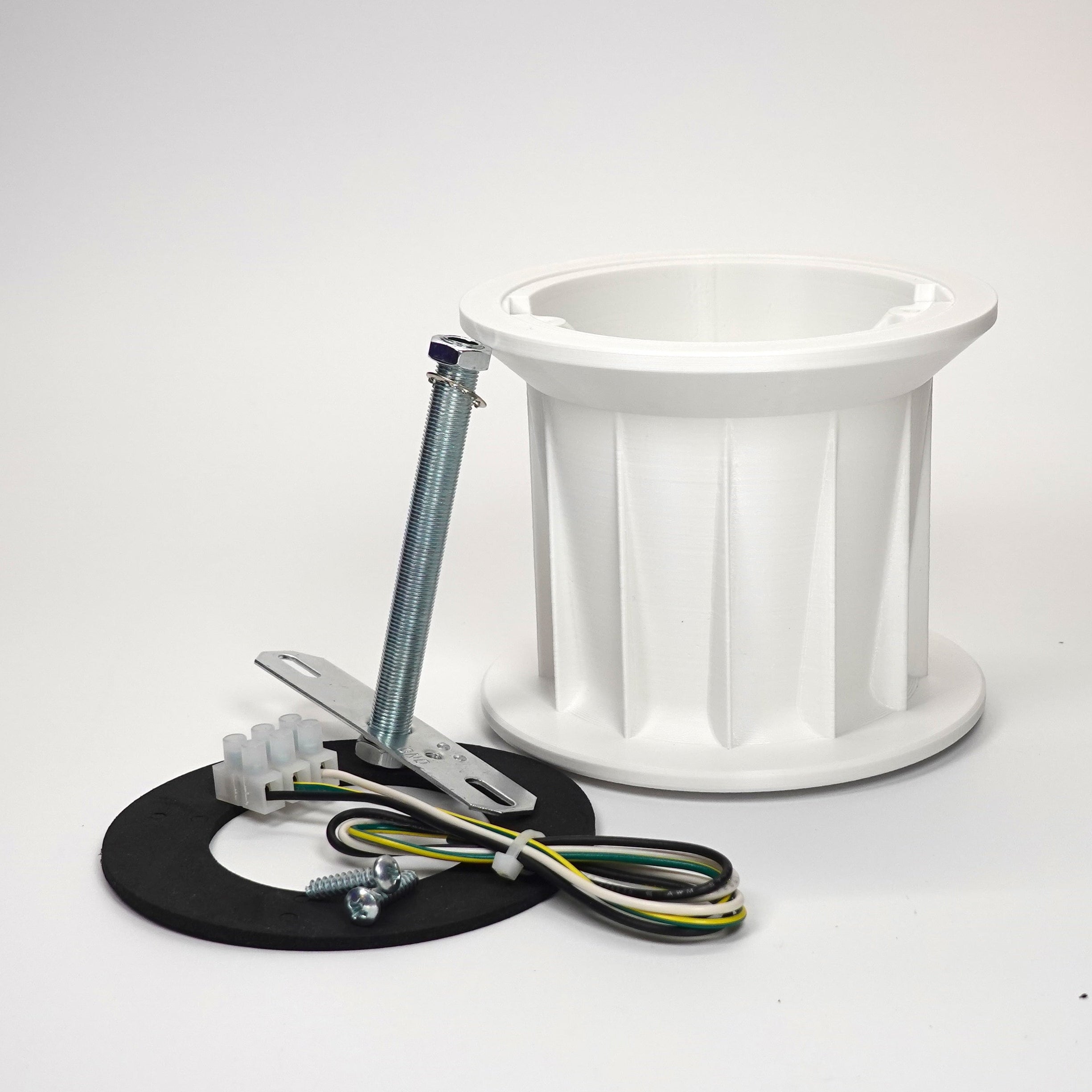 White 100mm 3D-printed Soffit Drop Extension kit for floodlight cameras, featuring a ribbed mount, steel support rod, weatherproof gasket, and extension wiring hardware.