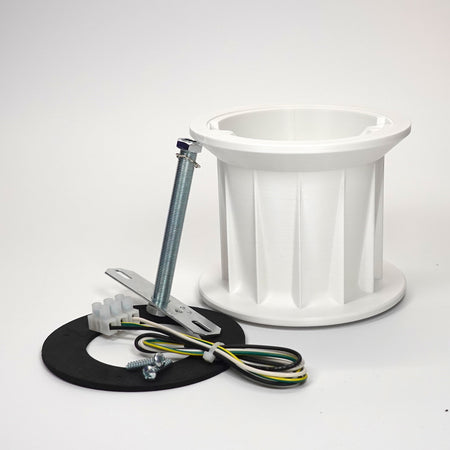 White 100mm 3D-printed Soffit Drop Extension kit for floodlight cameras, featuring a ribbed mount, steel support rod, weatherproof gasket, and extension wiring hardware.