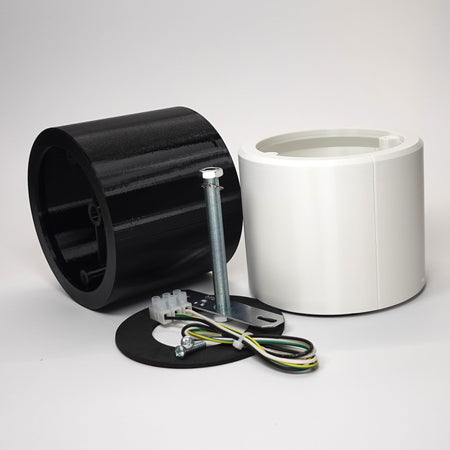 Cylindrical wall standoff extensions for floodlight cameras shown with mounting hardware, including a metal crossbar, screws, and wiring.