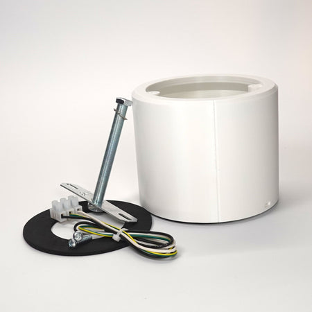 White 100mm cylindrical wall standoff extension for floodlight cameras.