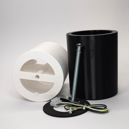 Cylindrical wall standoff extensions for floodlight cameras shown with mounting hardware, including a metal crossbar, screws, and wiring.