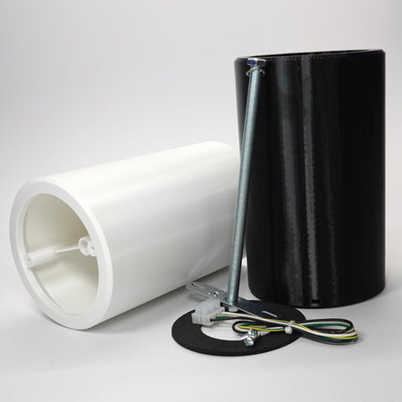 Cylindrical wall standoff extensions for floodlight cameras shown with mounting hardware, including a metal crossbar, screws, and wiring.