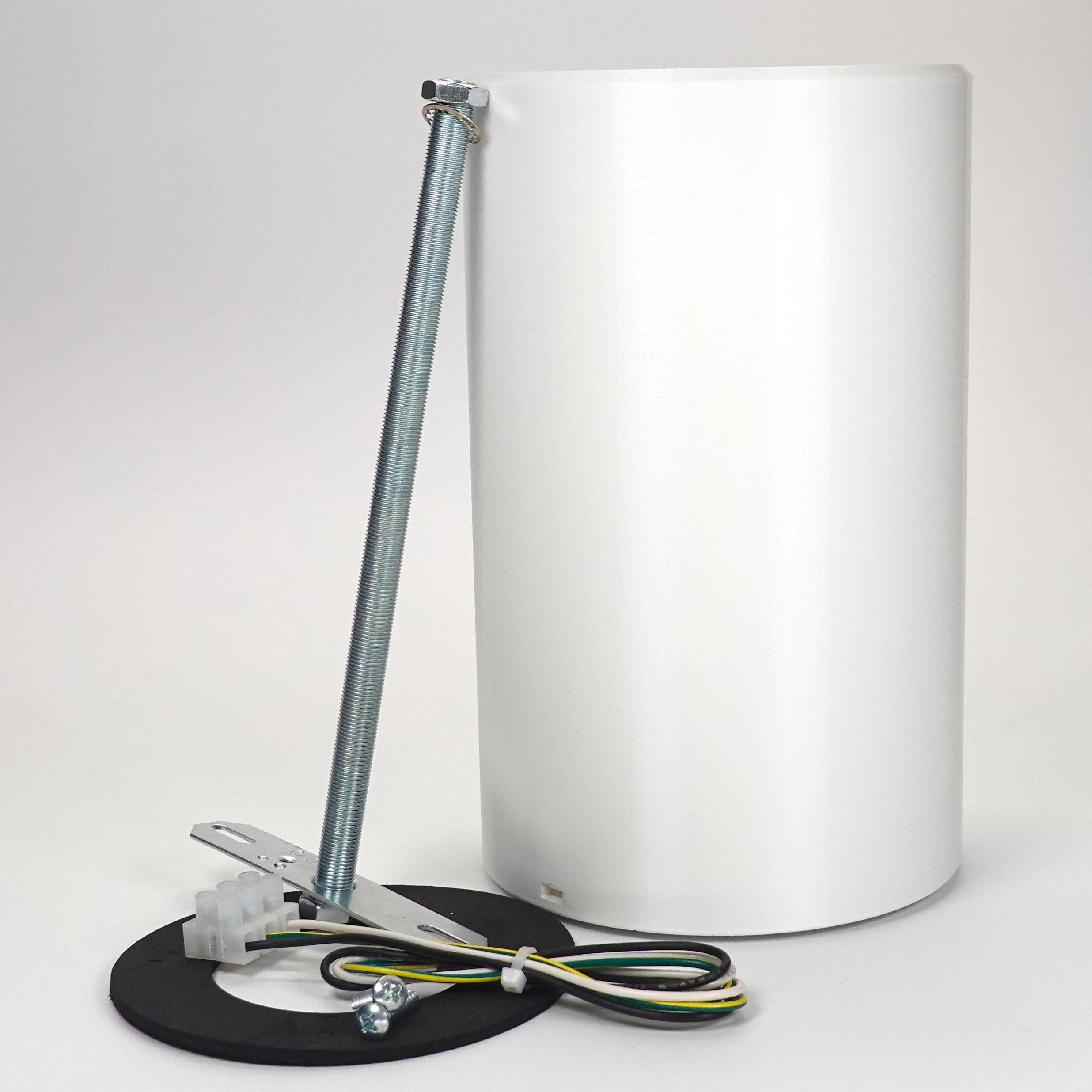 White 200mm cylindrical wall standoff extension for floodlight cameras.