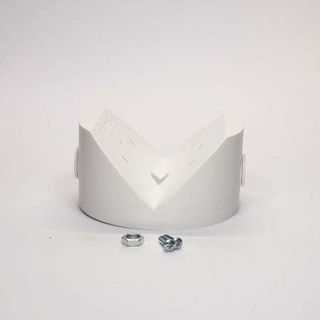 White outside corner mount junction box for floodlights and cameras.