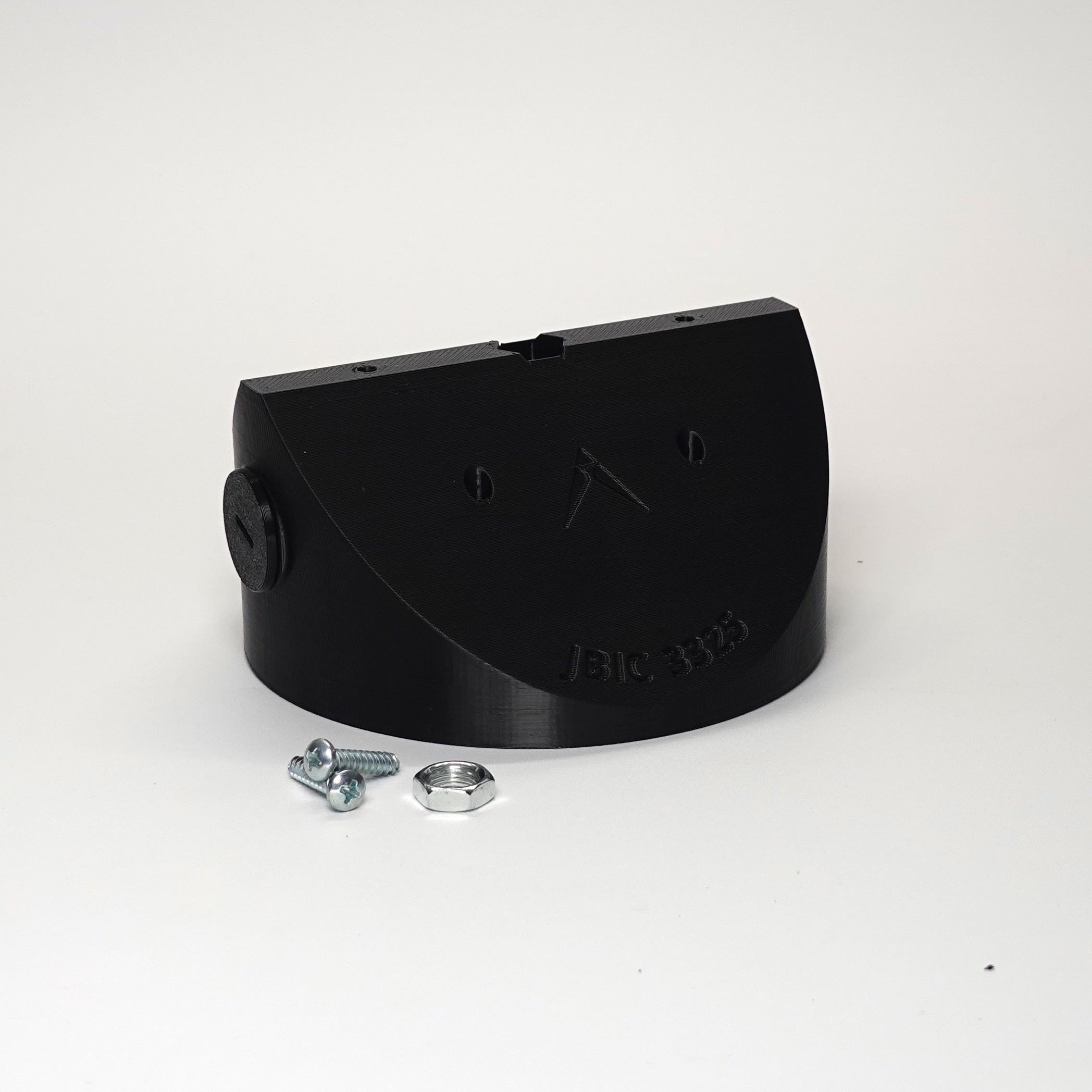 Black 3D-printed Inside Corner Mount / Junction Box for floodlight cameras.