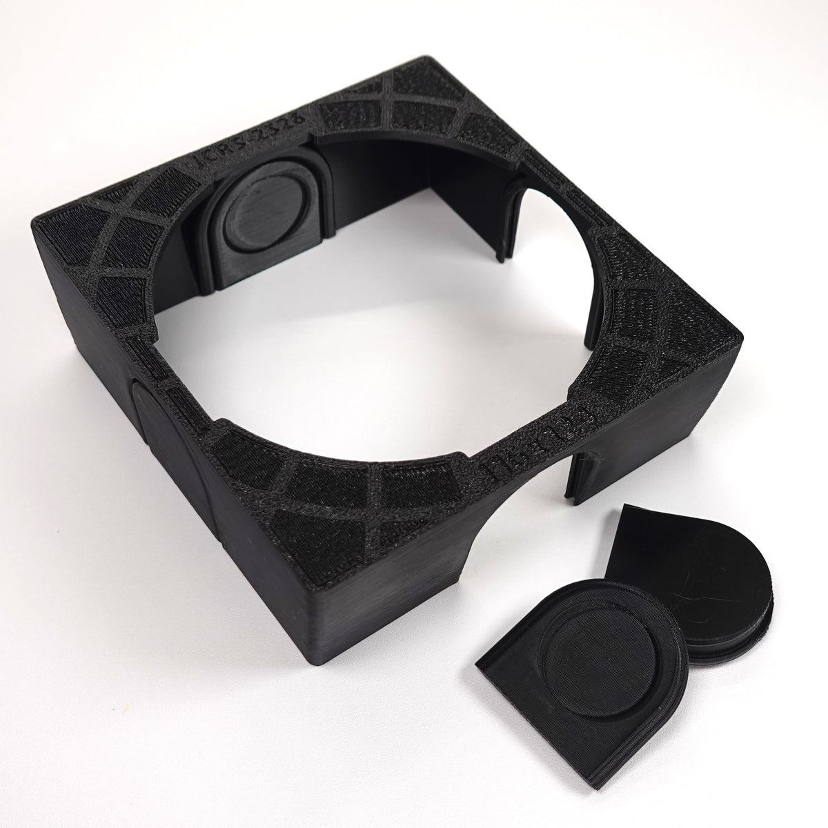 3D-printed customizable square junction box cover, with an adjustable side tab.