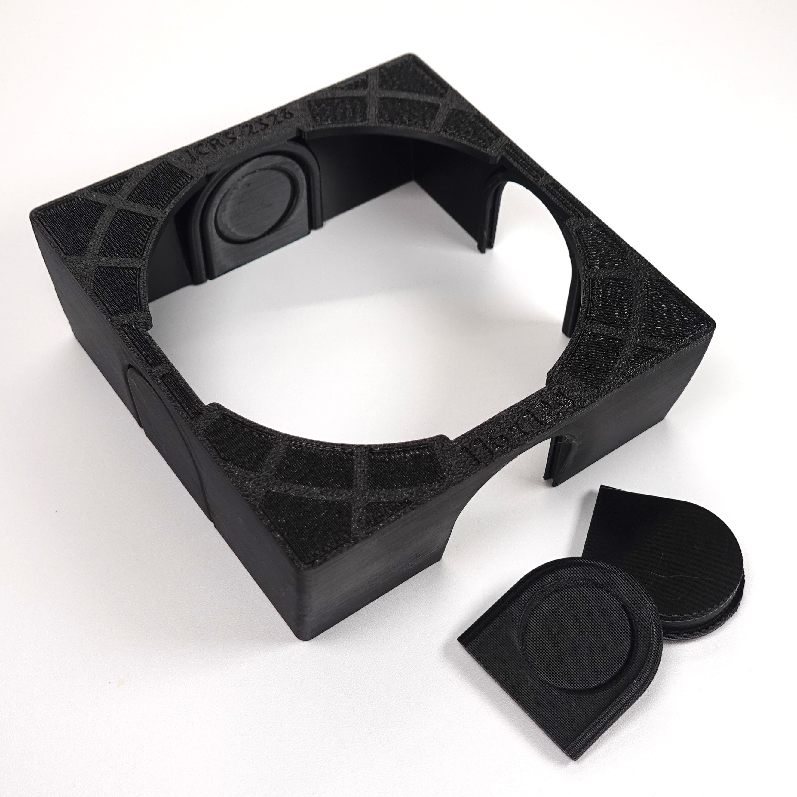 3D-printed customizable square junction box cover, with an adjustable side tab.