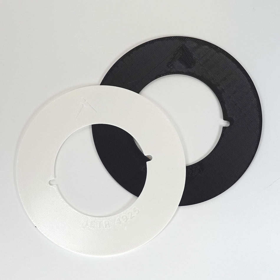 6-inch Junction Box Trim Ring, designed to cover oversized 4-inch junction box holes in white and black.