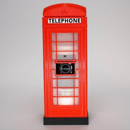 Front-facing view of a 3D-printed miniature London Red Phone Booth (K6 style)
