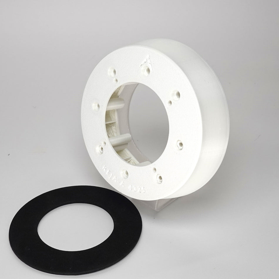 White 3D-printed Junction Box Adapter (A) for Reolink, included black weatherproof gasket.