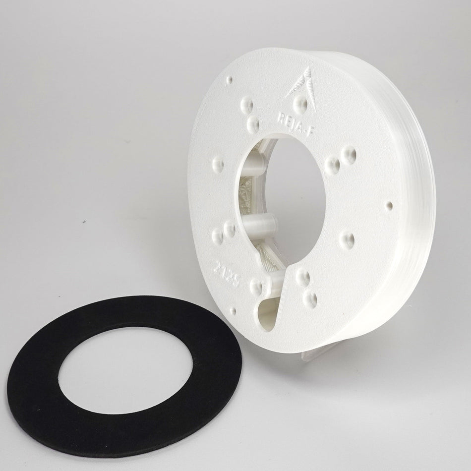 White 3D-printed Junction Box Adapter (F) for Reolink, included black weatherproof gasket.