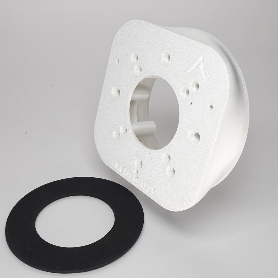 White 3D-printed Junction Box Adapter (G) for Reolink Duo Floodlight, included black weatherproof gasket.
