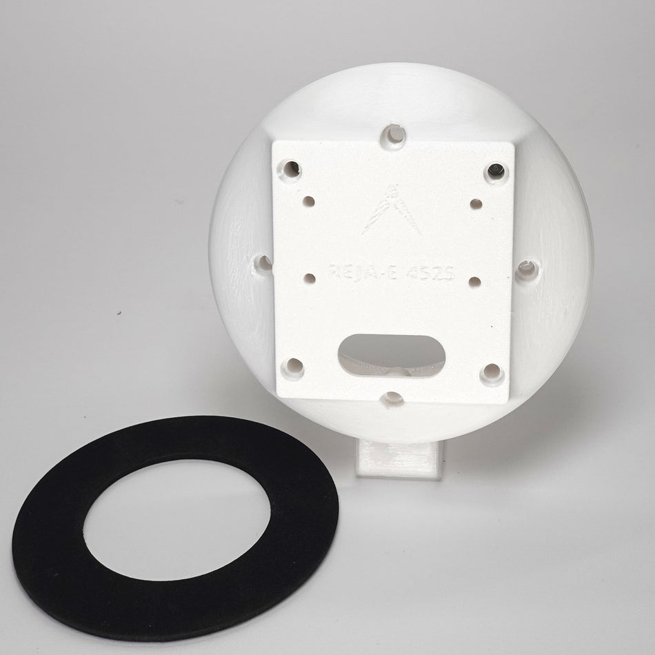 White 3D-printed Junction Box Adapter (E) for Reolink, include a black weatherproof gasket