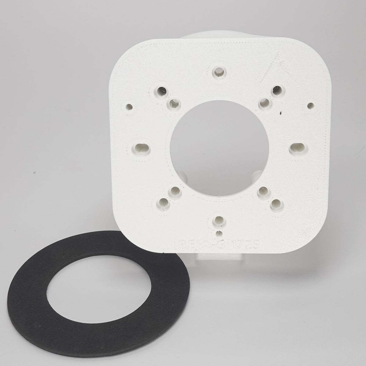 White 3D-printed Junction Box Adapter (G) for Reolink Duo Floodlight, included black weatherproof gasket.
