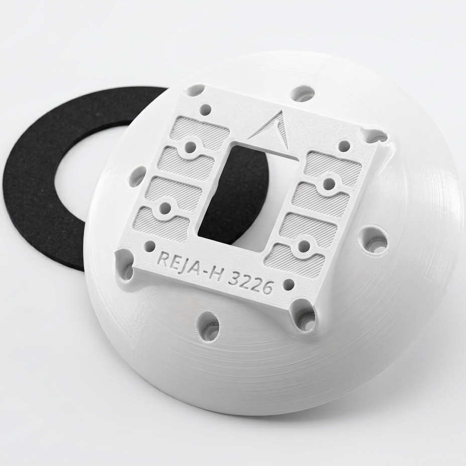 White REJA-HW junction box adapter for Reolink OMVI with black weatherproof gasket.