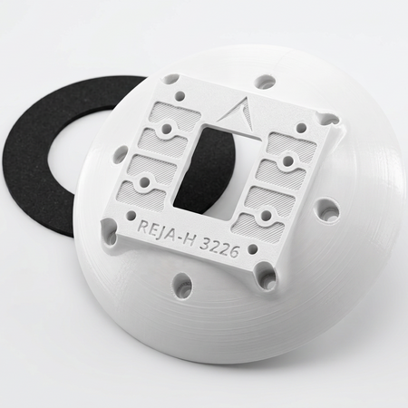White REJA-HW junction box adapter for Reolink OMVI with black weatherproof gasket.
