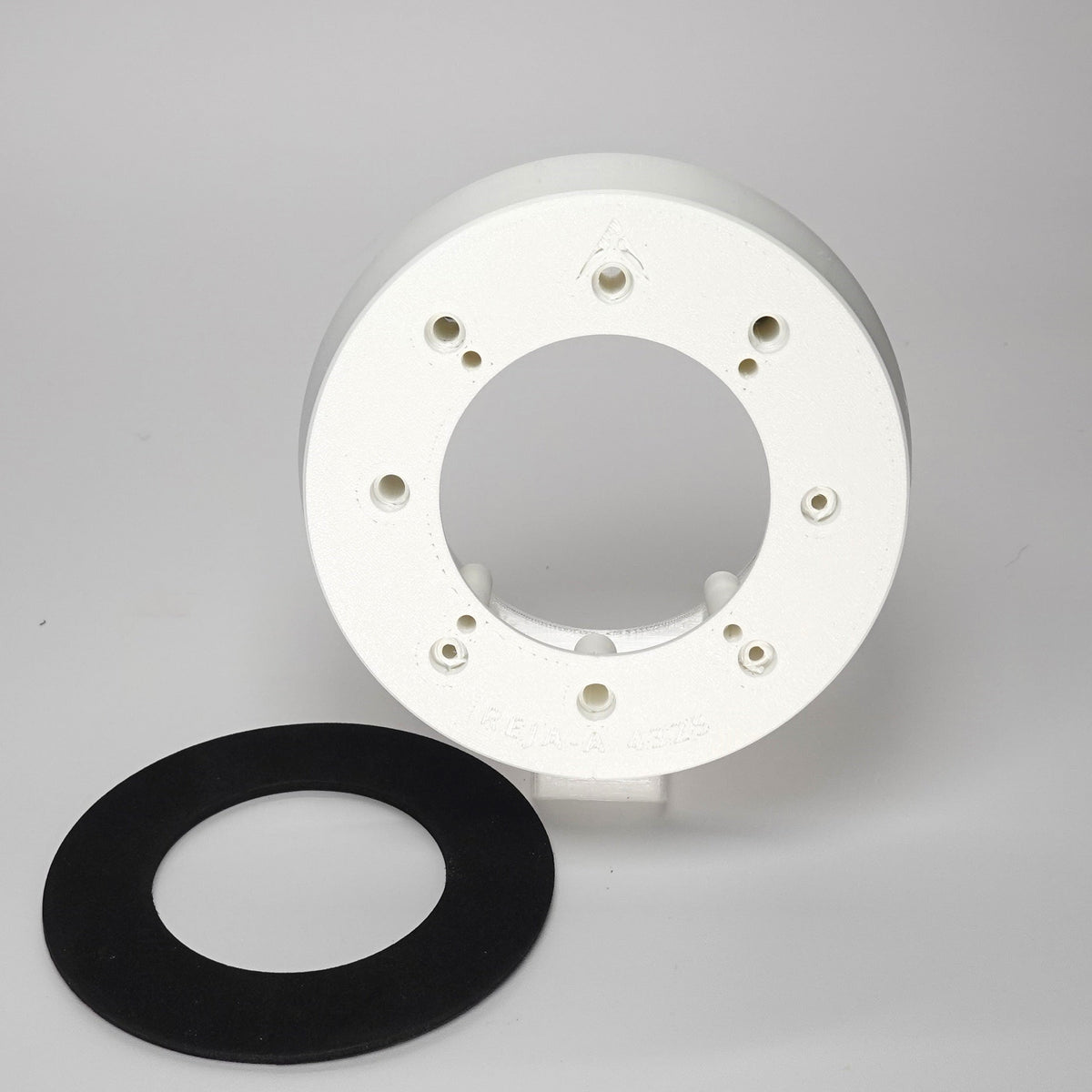 White 3D-printed Junction Box Adapter (A) for Reolink, included black weatherproof gasket.