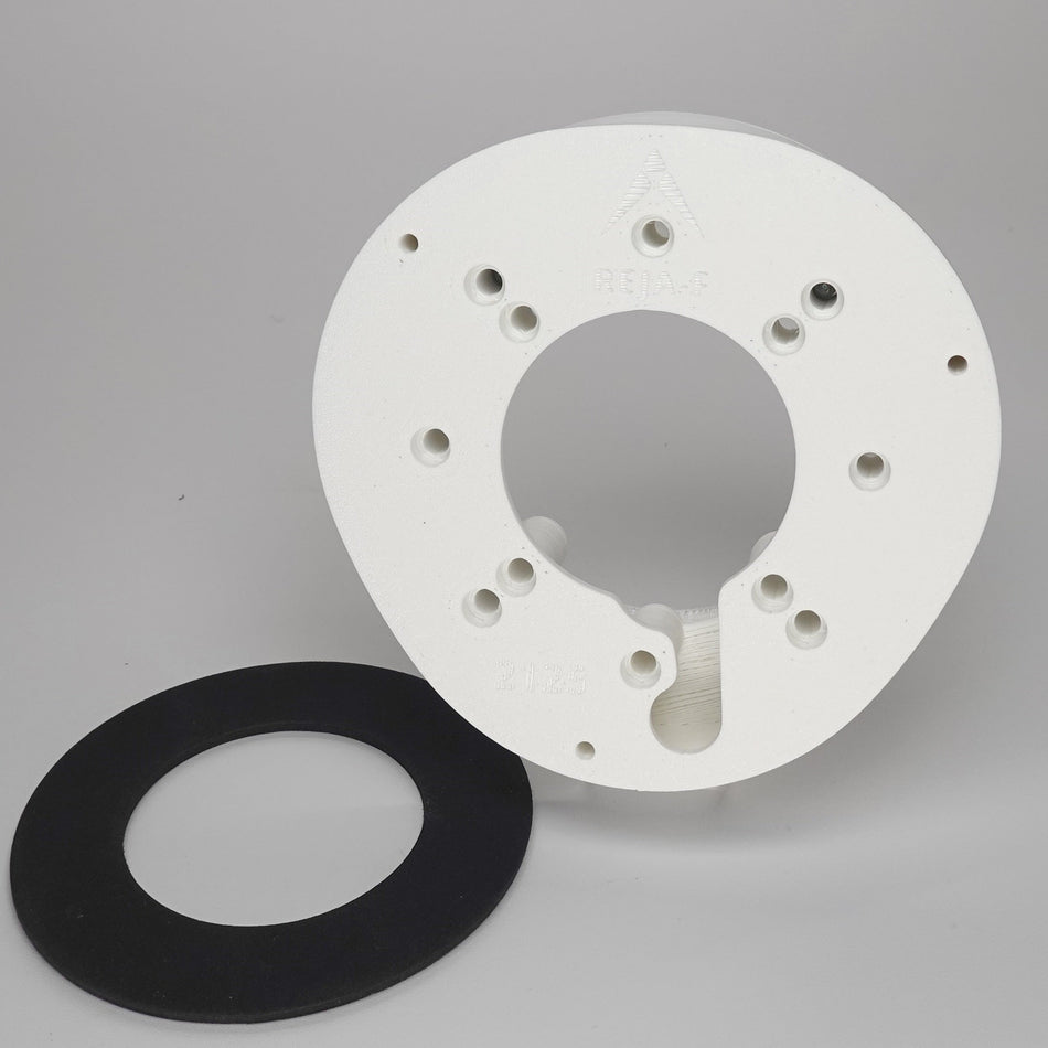 White 3D-printed Junction Box Adapter (F) for Reolink, included black weatherproof gasket.
